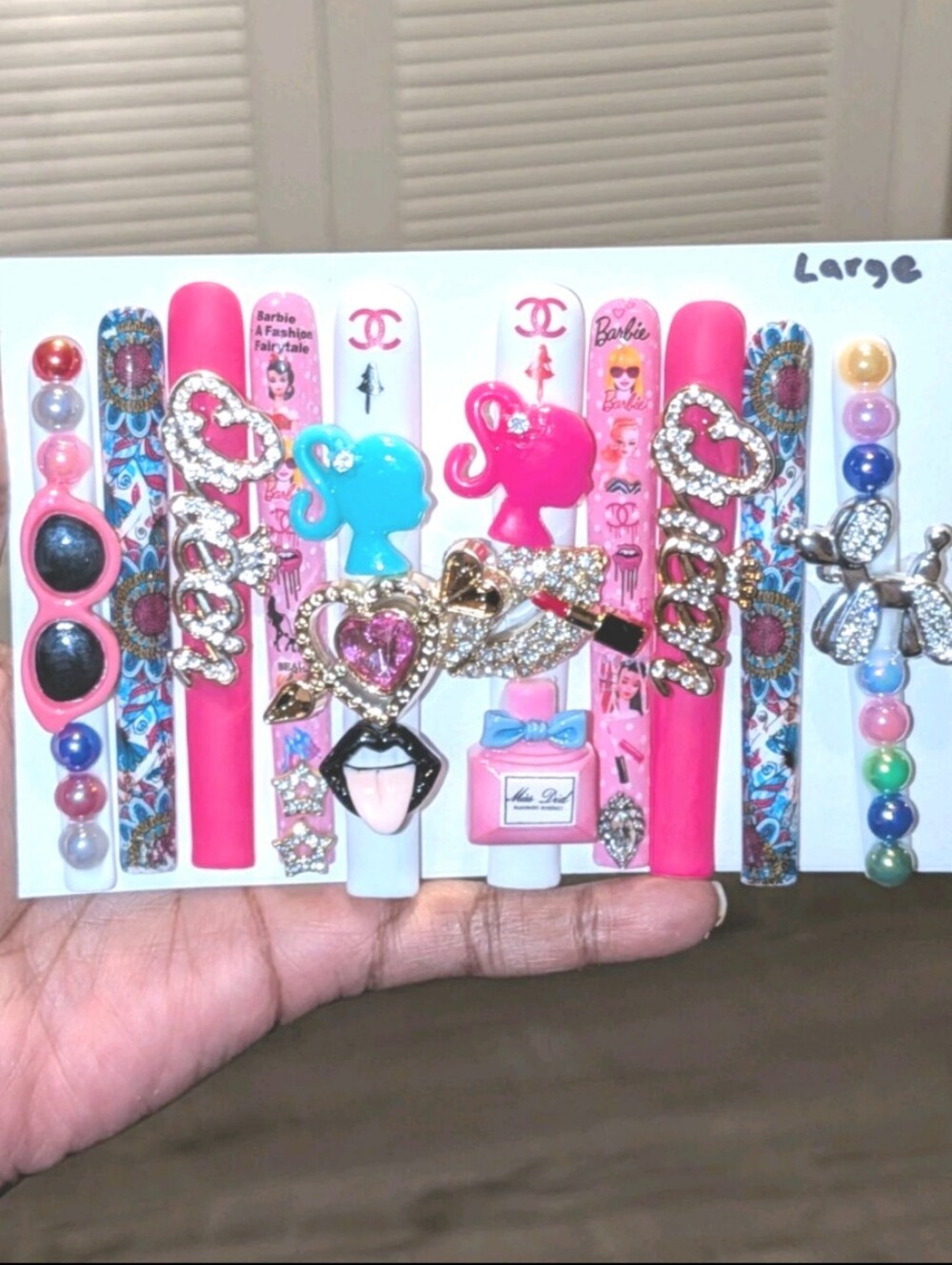 Hand Crafted 6Xl Barbie-Inspired Press-On Nails with Blue and White Accents Sz L